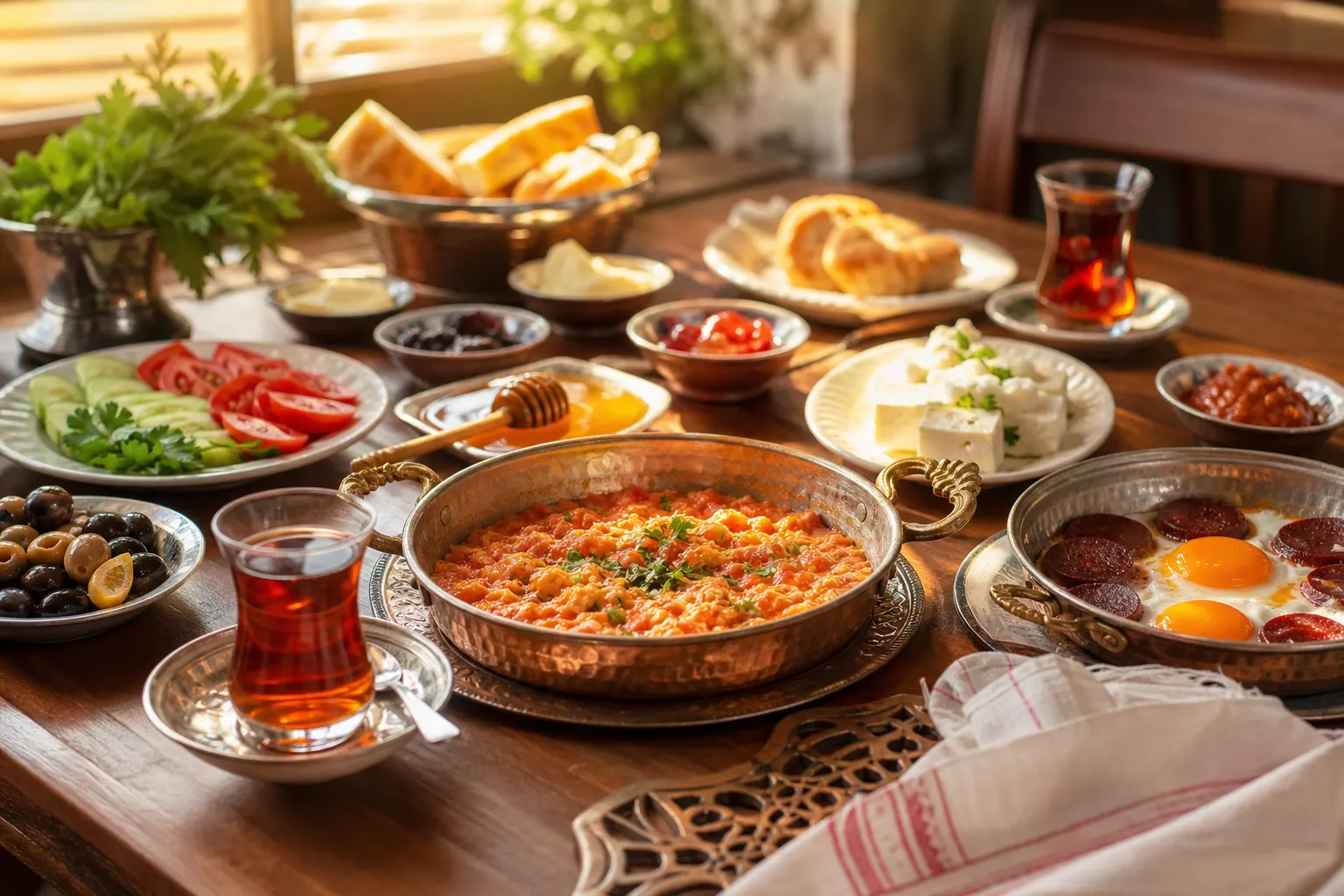 Türkisches Frühstück mit Menemen, Sucuk mit Ei, Tee, Brot und kleinen Tellern als Demo-Bild